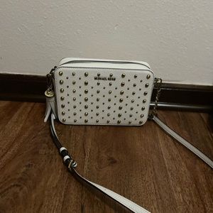 Michael Kors white gold studded crossbody bag